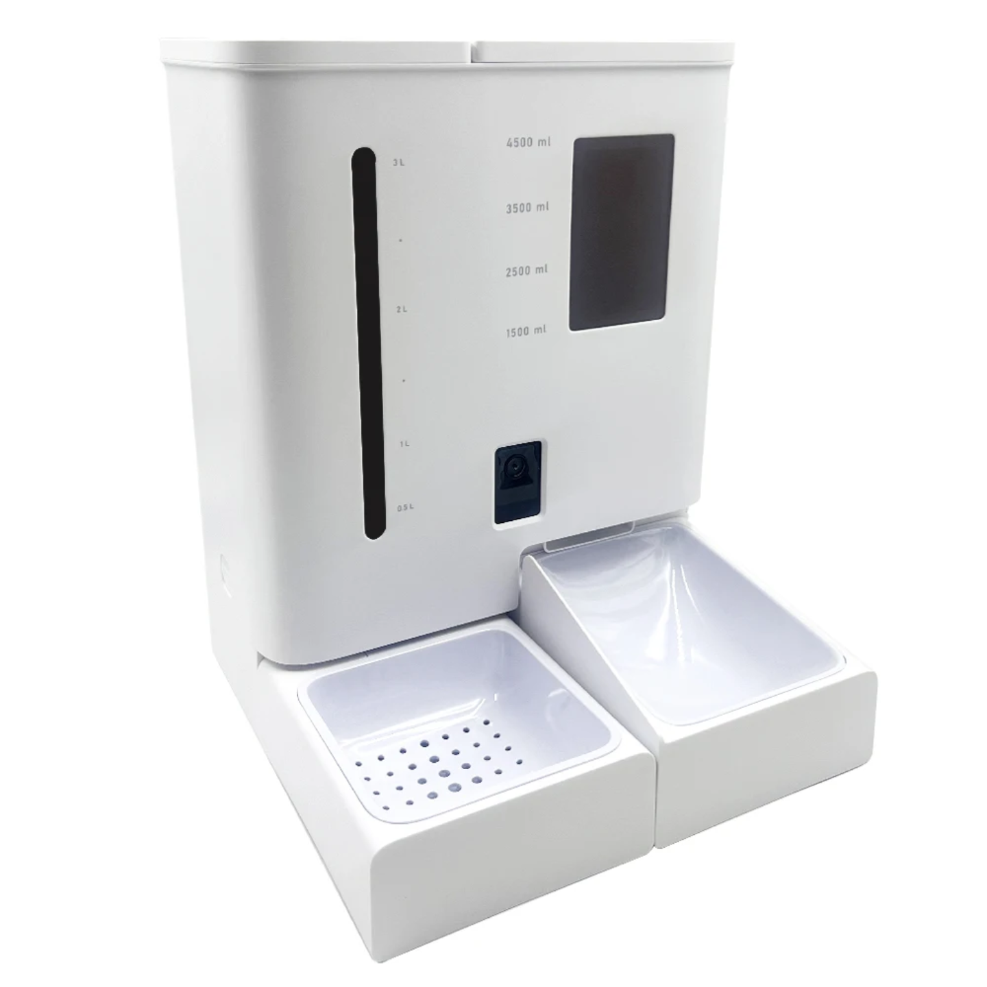 White 2-in-1 smart pet feeder with WiFi camera, digital screen, and dual feeding bowls.