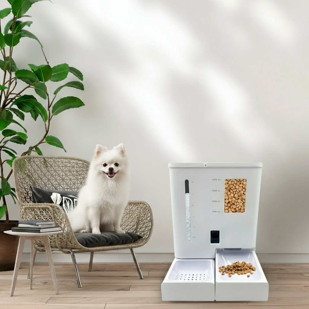 White 2-in-1 smart pet feeder with WiFi, camera, and food dispensing tray filled with kibble next to a cat on a woven chair.
