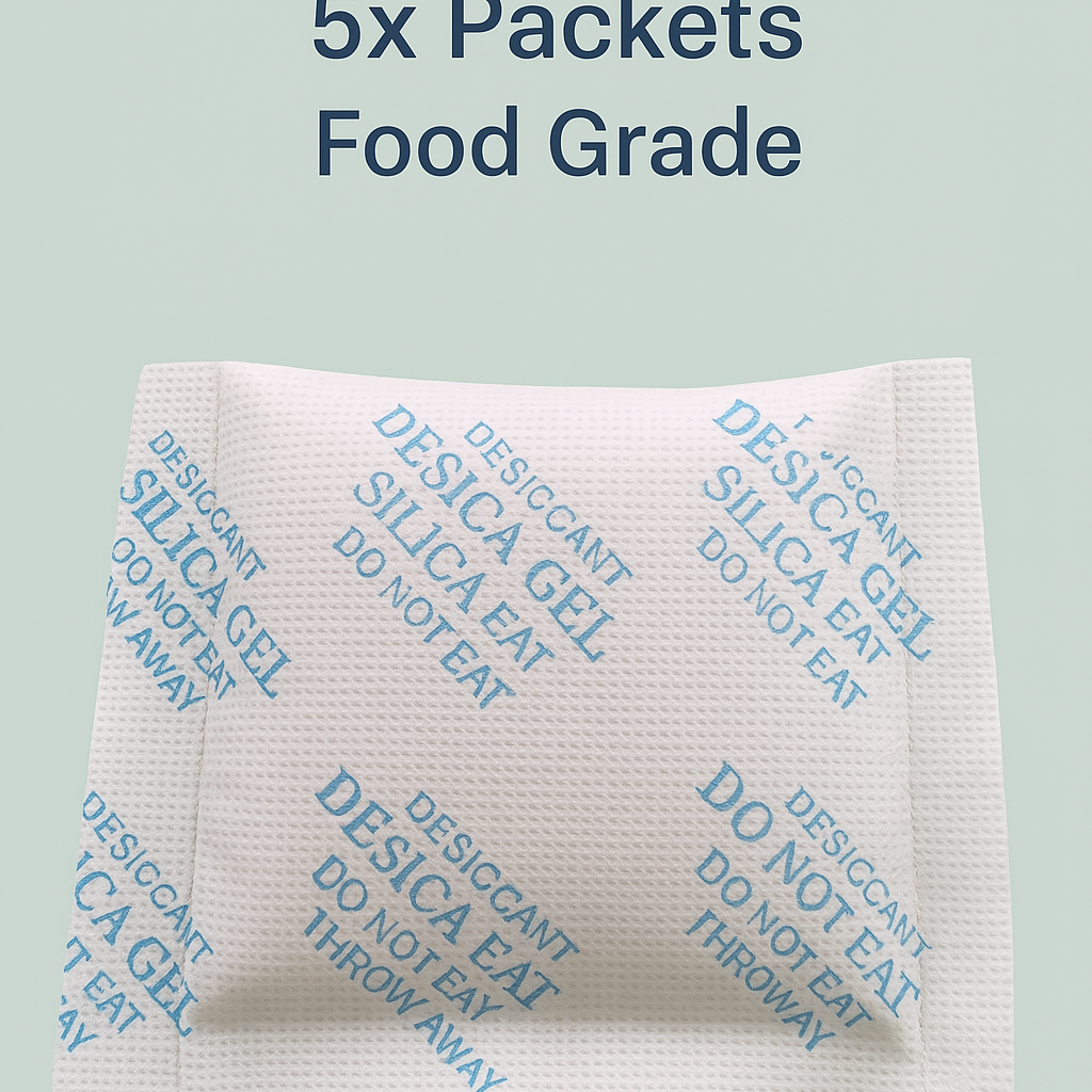 Five small white silica gel desiccant packets with blue warning text on each packet.
