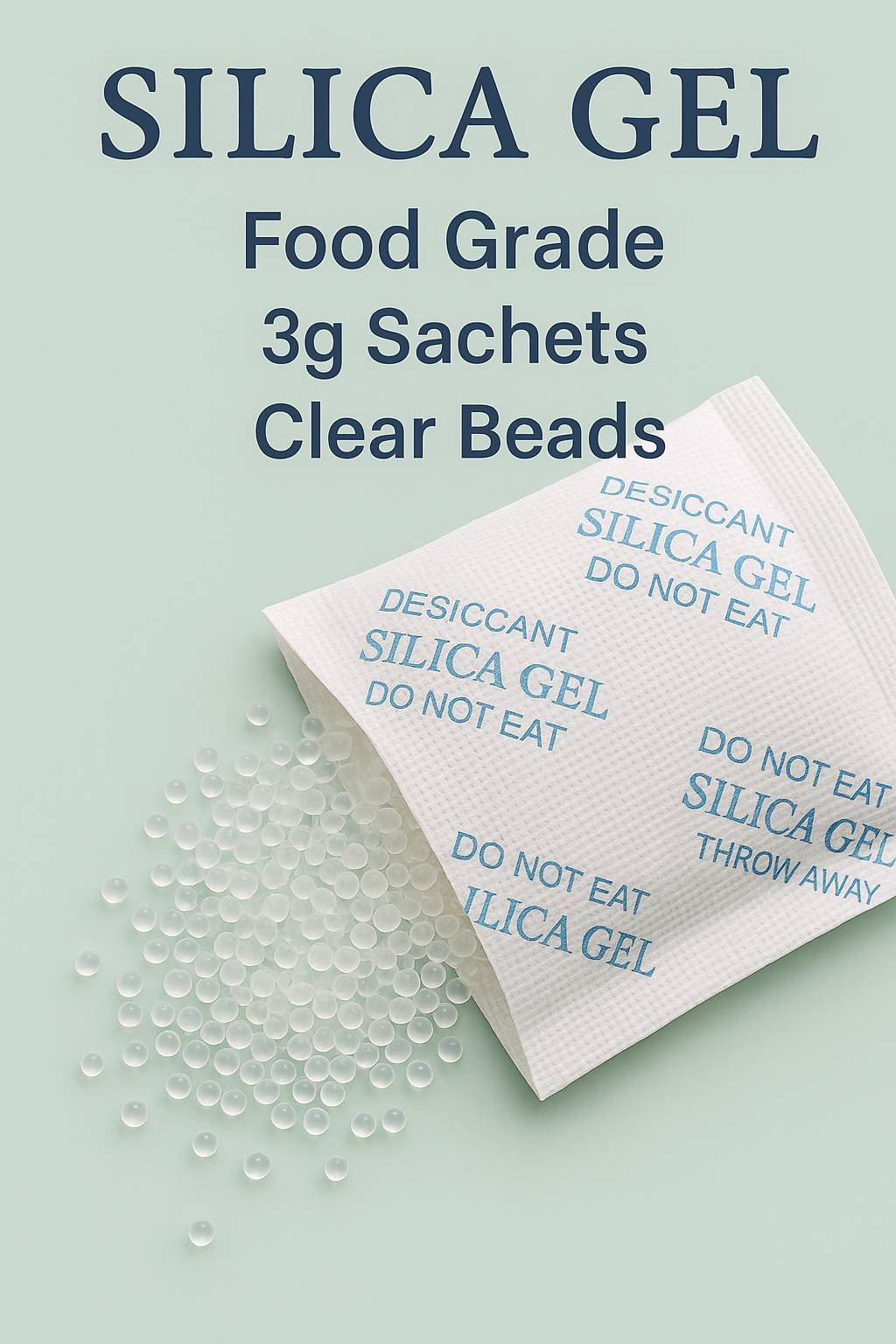 Clear silica gel beads scattered next to white 3g food-grade desiccant sachets with blue warning text.