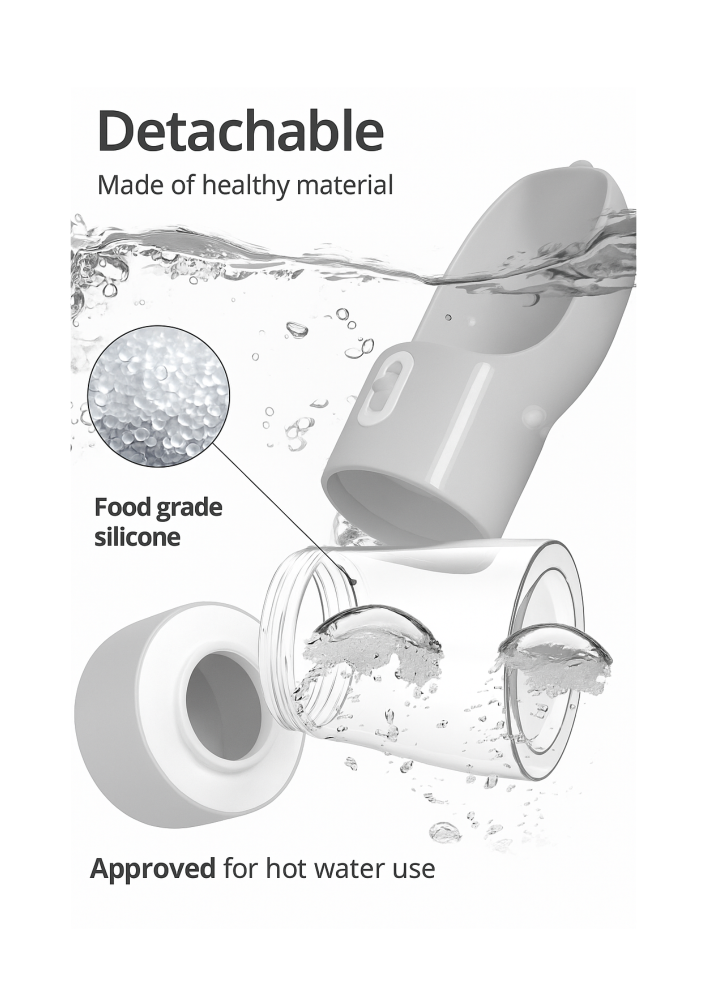 Gray detachable 4-in-1 pet water bottle with food-grade silicone components, splash effect.
