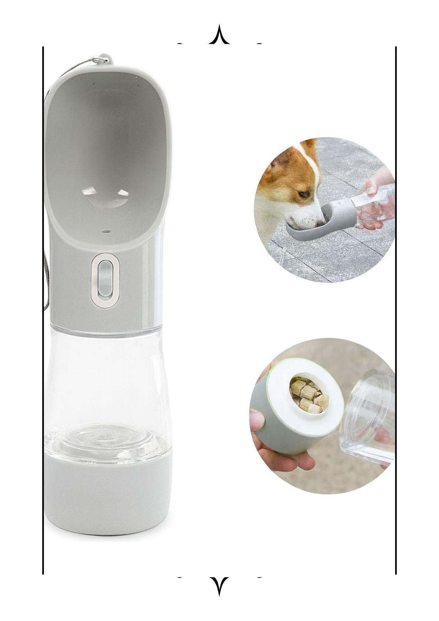Gray 4-in-1 pet water bottle with attached bowl and leak-proof cap for dogs and pets.