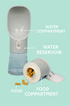 Gray 4 in 1 pet water bottle with water reservoir, water compartment, and detachable food compartment filled with dog treats.