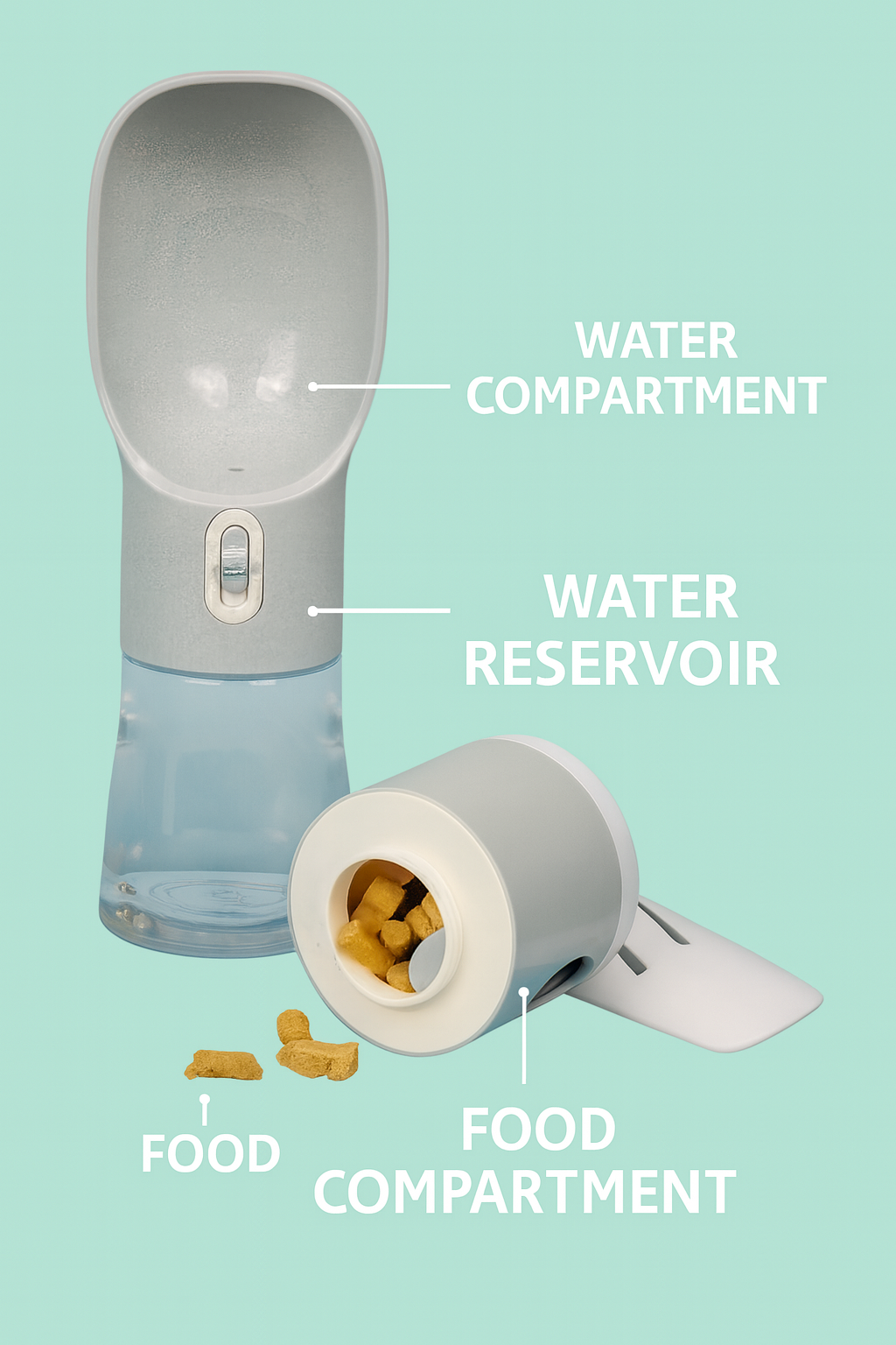 Gray 4 in 1 pet water bottle with water reservoir, water compartment, and detachable food compartment filled with dog treats.