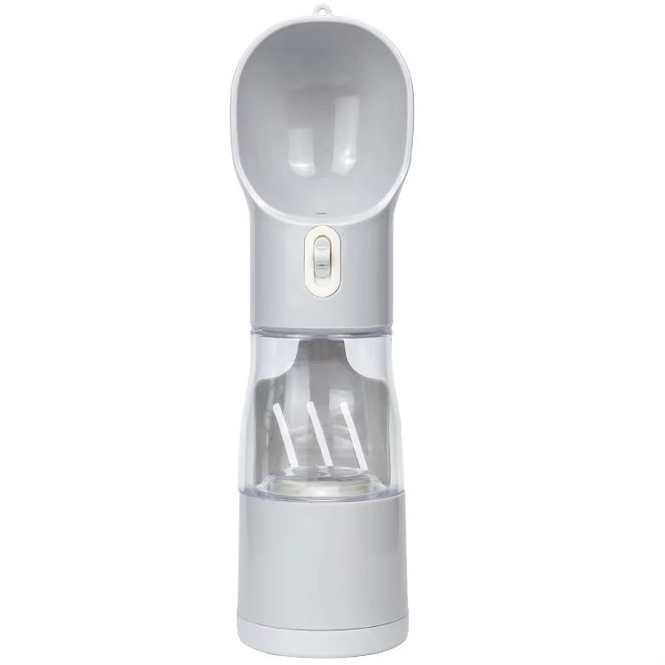 Gray portable pet water bottle with built-in drinking bowl and water dispenser.