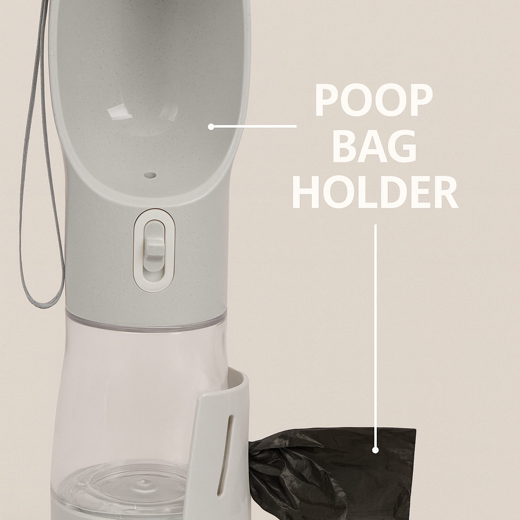 Gray portable dog poop bag holder with attached black poop bag roll and wrist strap.