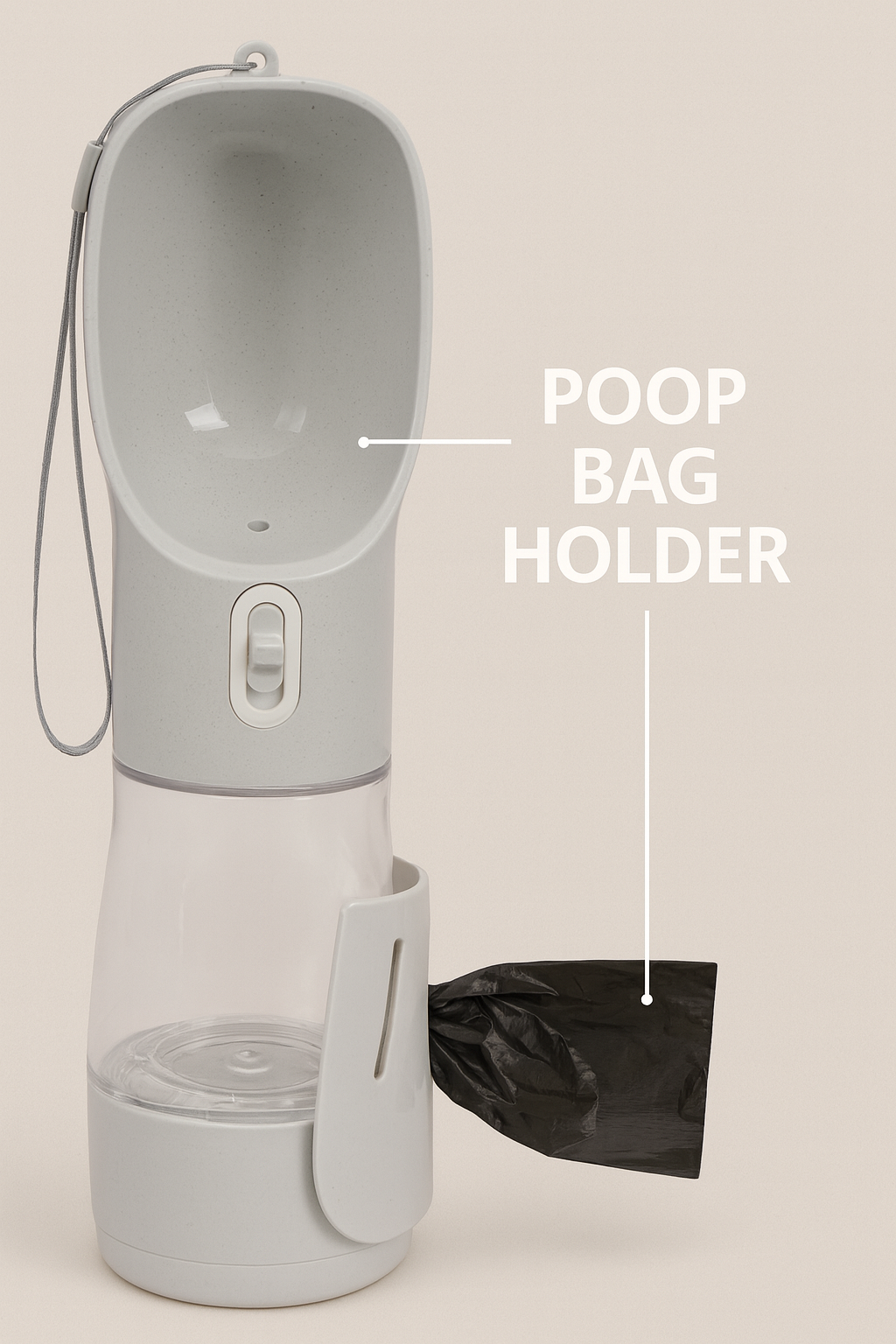 Gray portable dog poop bag holder with attached black poop bag roll and wrist strap.