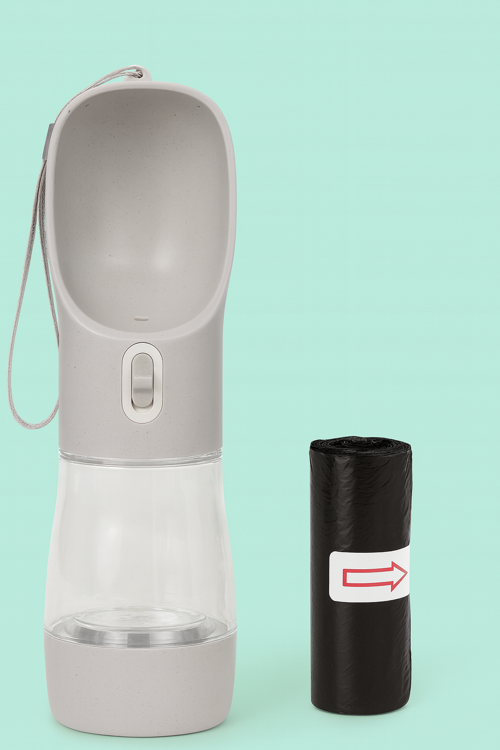 Gray portable dog water bottle with attached wrist strap and three black poop bag rolls with white and red labels.
