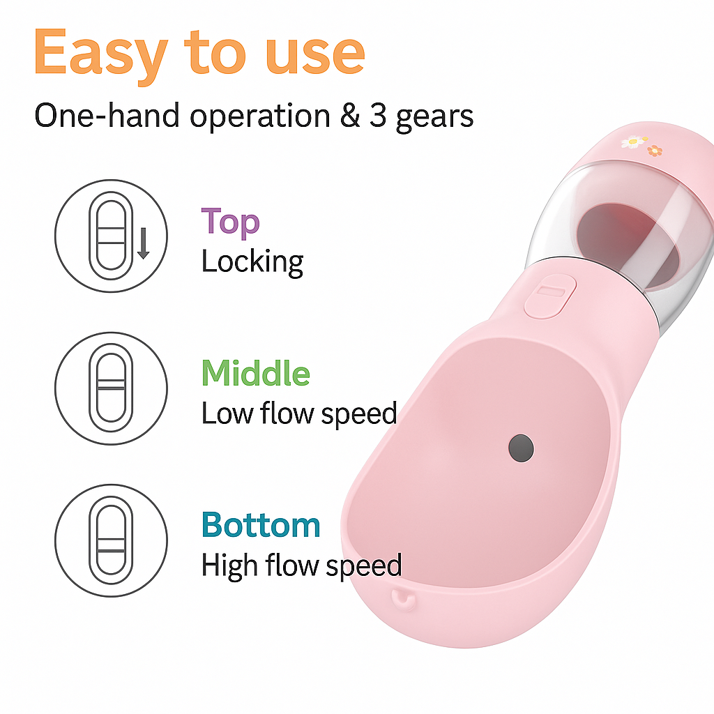 Pink 4 in 1 pet water bottle with built-in drinking bowl and three flow speed settings displayed.