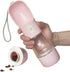 Pink 4 in 1 pet water bottle with built-in bowl and silicone compartment for water or treats.