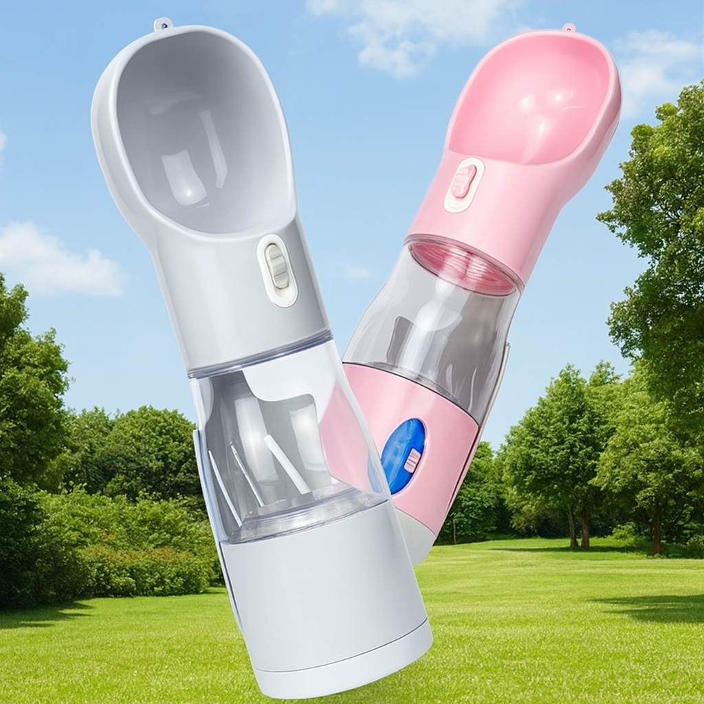 Portable 4 in 1 pet water bottles in pink and gray with built-in drinking bowls.