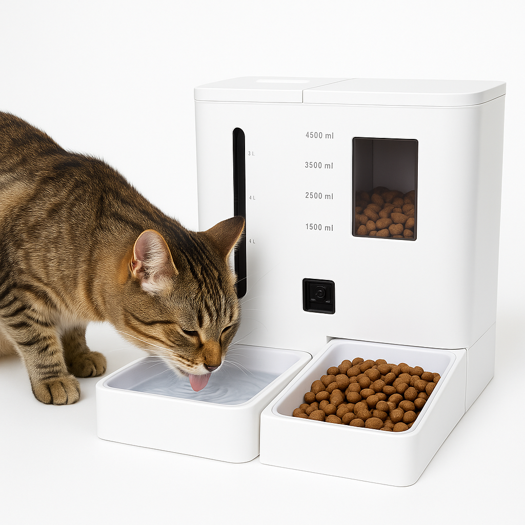 White 2-in-1 smart pet feeder with WiFi camera, food storage, and feeding tray with cat drinking nearby.