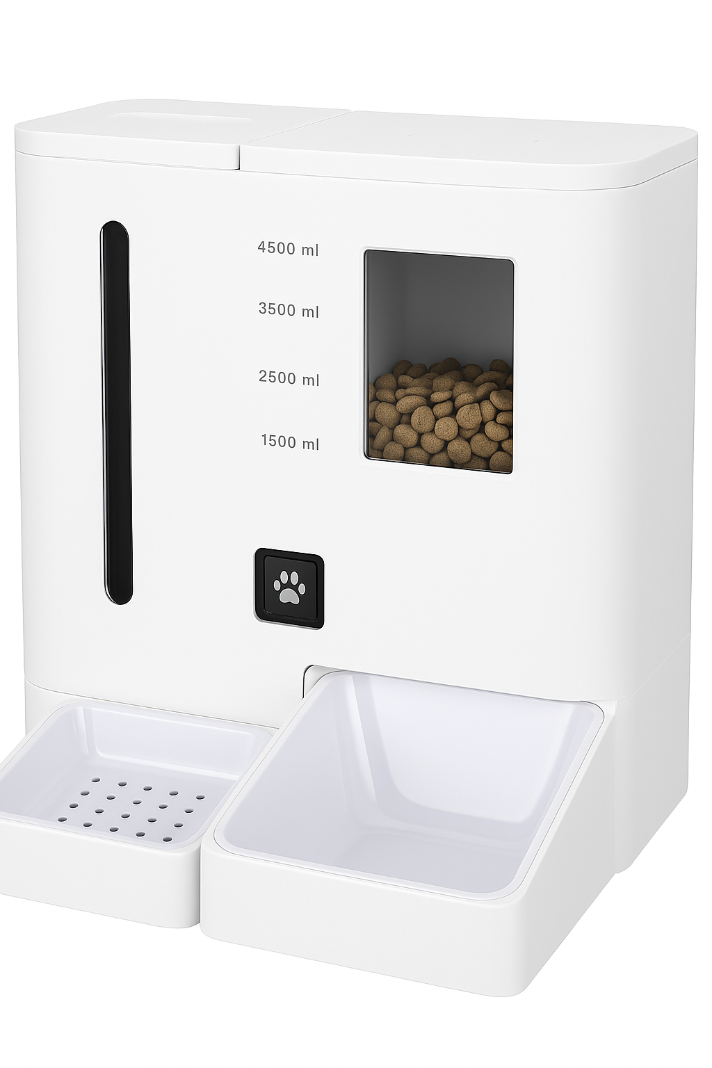 White 2-in-1 smart pet feeder with transparent food level window and built-in food bowl.