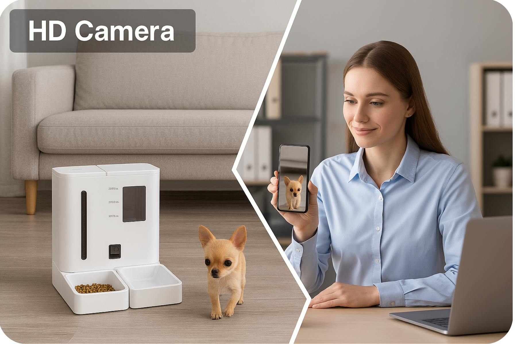 White 2-in-1 smart pet feeder with HD camera dispensing food next to small dog.