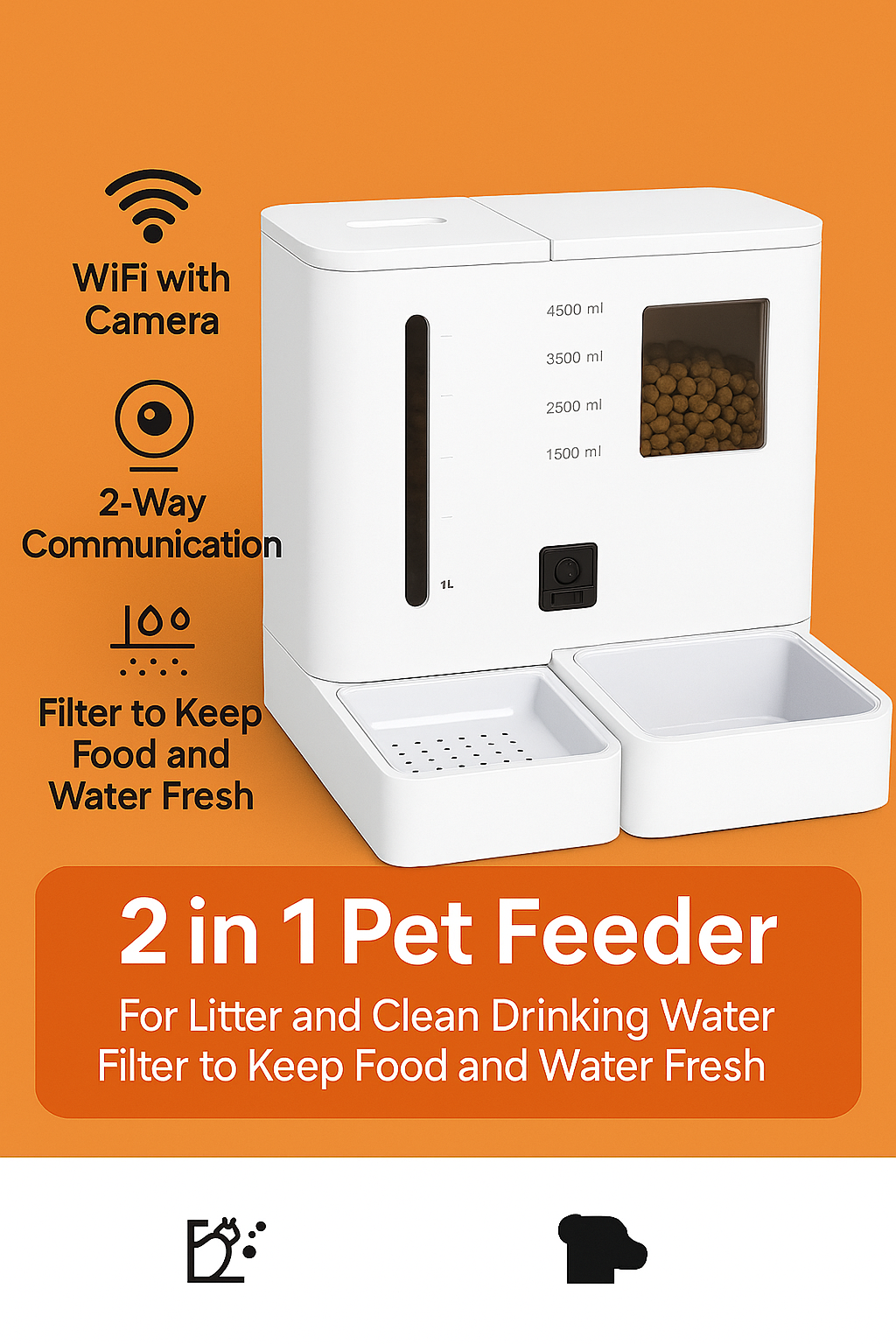 White 2-in-1 smart pet feeder with transparent food container, WiFi camera, and dual compartments for food and water.