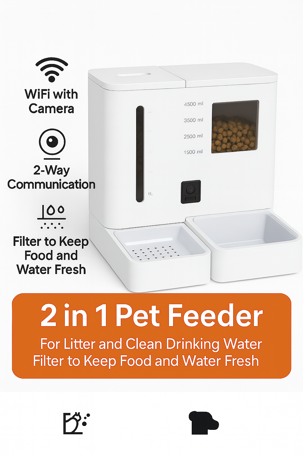 White 2-in-1 smart pet feeder with transparent food container, water dish, and built-in WiFi camera.