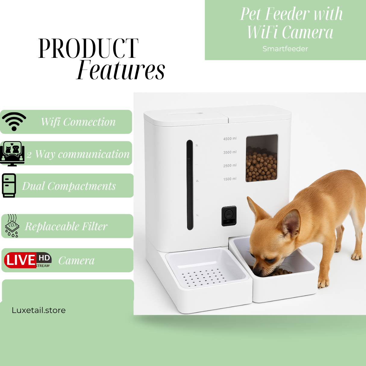 White 2-in-1 smart pet feeder with WiFi camera, dual compartments, and a dog eating from the bowl.
