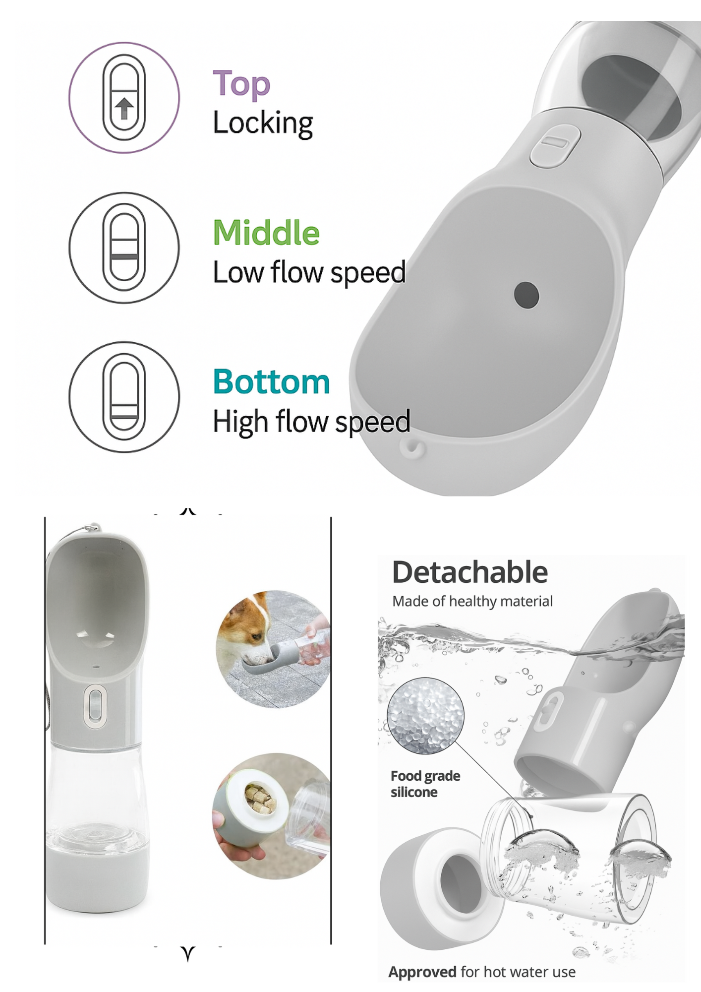 White pet water bottle with clear detachable bowl, ergonomic design, and top locking button.